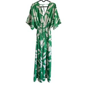 Magnolia Boutique Green White Floral Maxi Dress‎ V-Neck Tie Back Kimono Sleeve